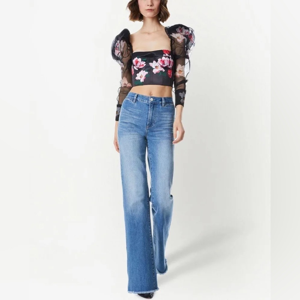 Alice + Olivia Floral Puff Sleeve Sheer Crop Top - Picture 9 of 11